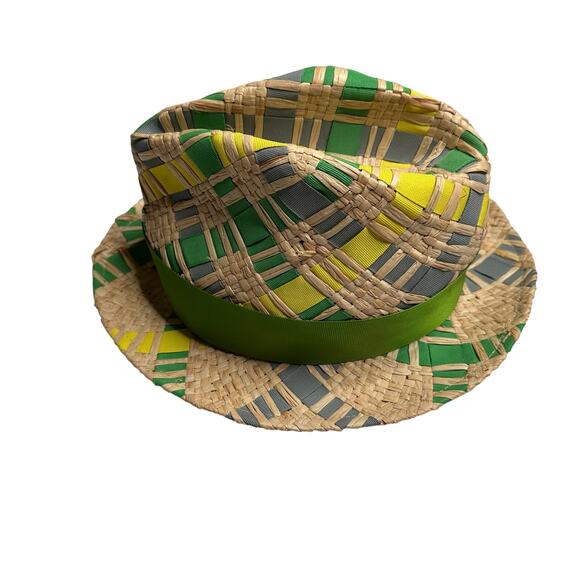 JONATHAN ADLER Women\'s Green‎ Straw Hat Fedora Green Blue Woven Vibrant Hat